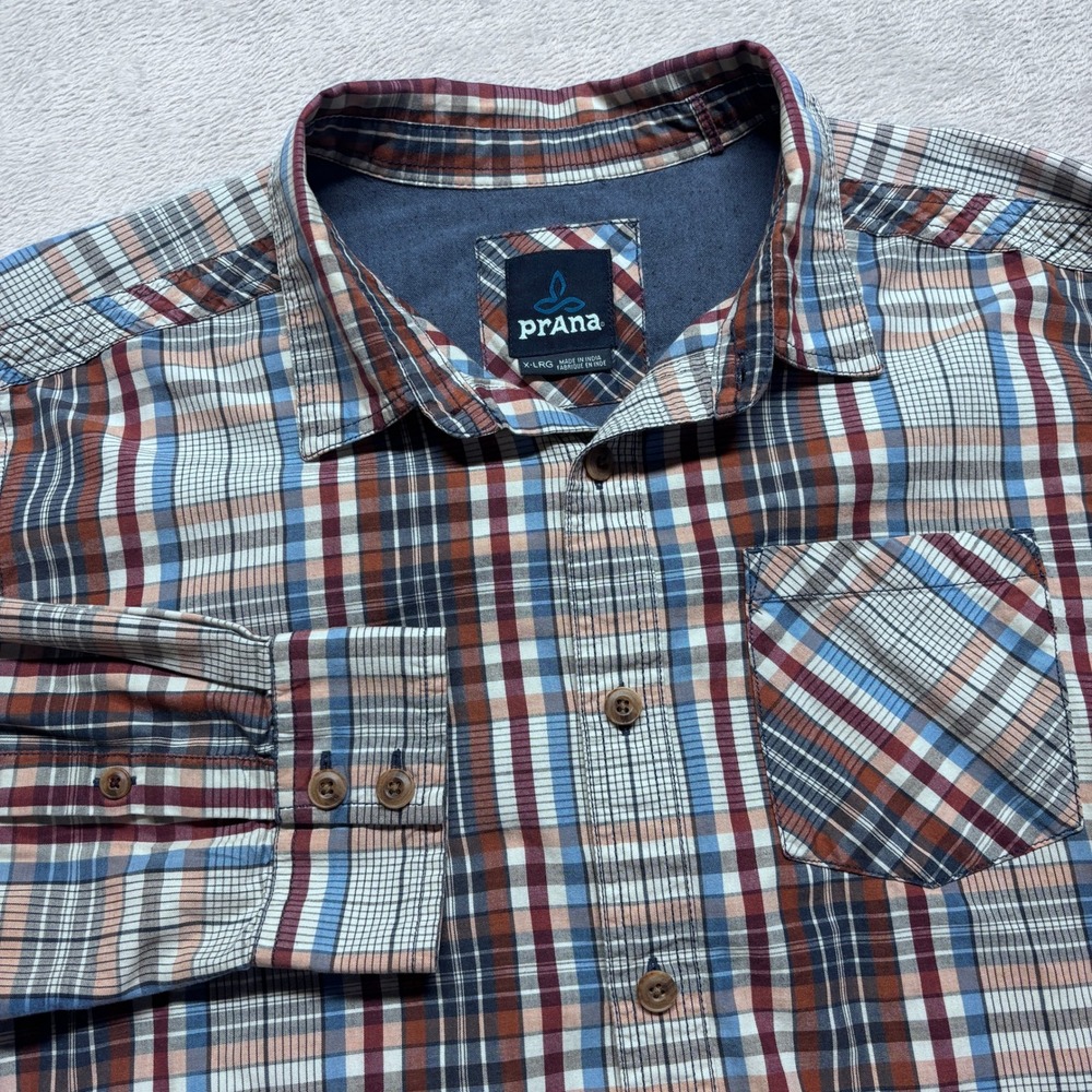 Prana Mens XL Plaid Button Down Shirt Organic Cotton Blend Long Sleeve